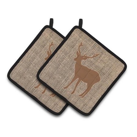 CAROLINES TREASURES Carolines Treasures BB1012-BL-BN-PTHD Deer Faux Burlap & Brown Pair of Pot Holders; 7.5 x 3 x 7.5 in. BB1012-BL-BN-PTHD